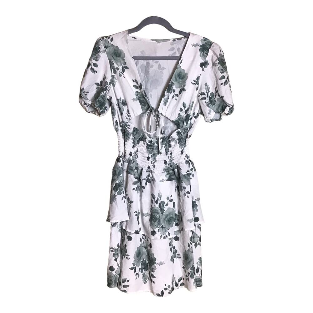 Shein Floral Print Dress Sz. Med. Cut Out Smocked Waist Layered Mini Dress NWOT